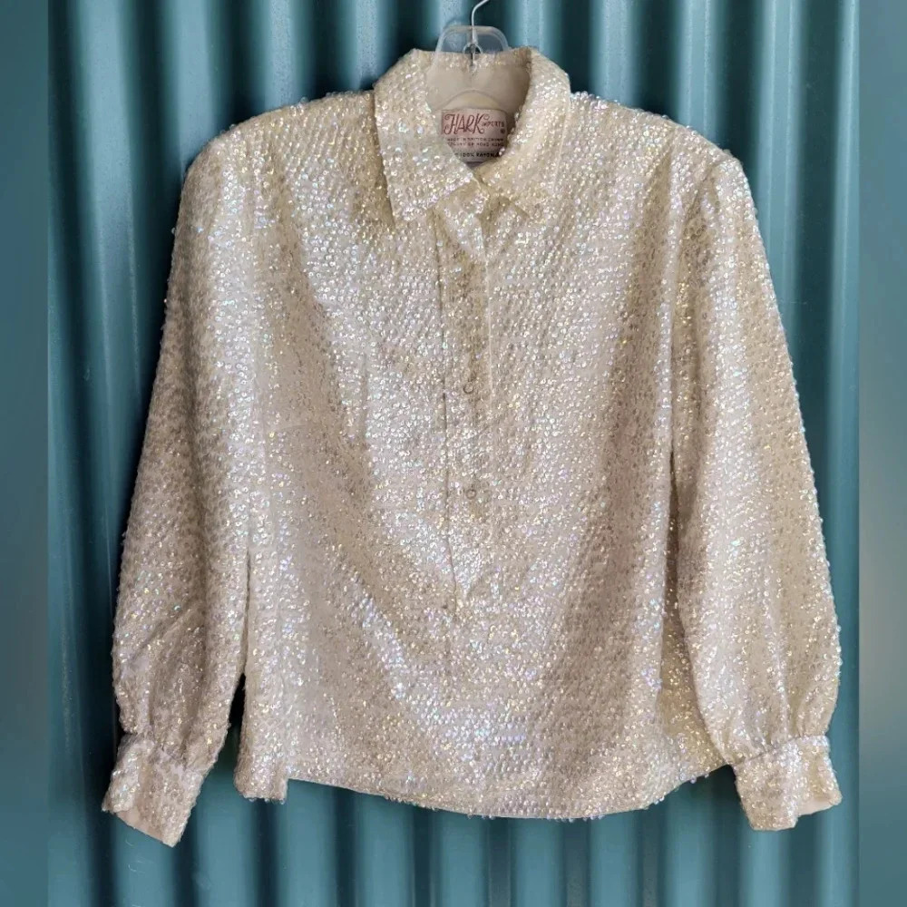 Vintage Hark Imports White Sequins Button Down Long Sleeves Shirt Top luxury